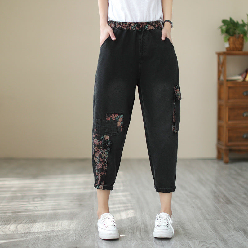 Ladies Vintage High Waist Casual Loose Printed Jeans