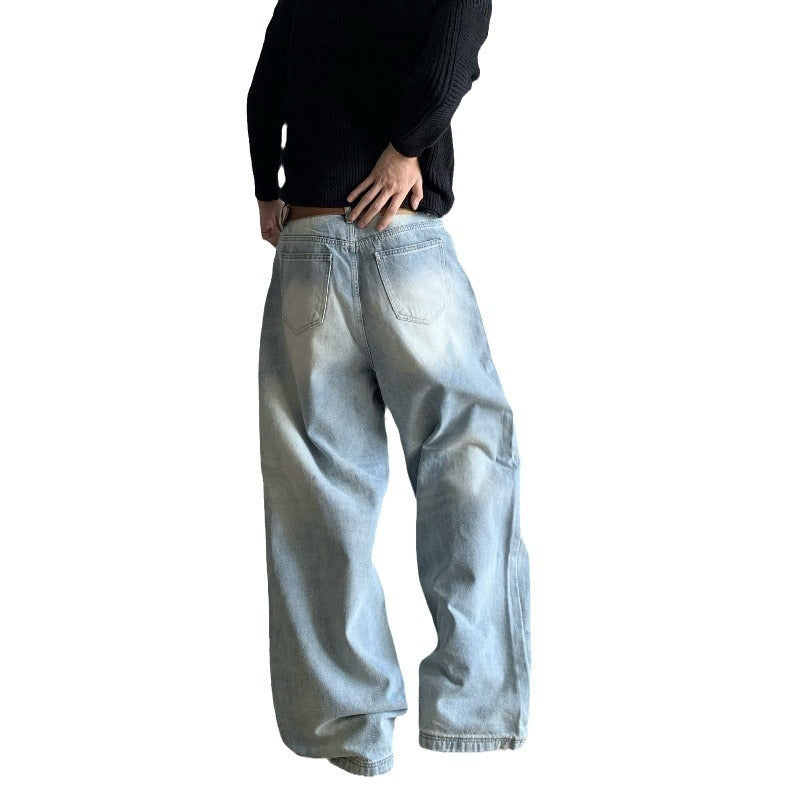 Retro Washed Worn Jeans Men's Loose Straight Wide-leg Pants