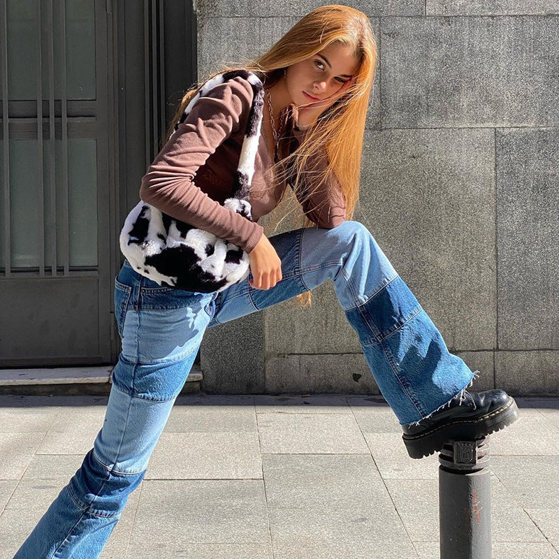 Ladies Contrasting High-rise Straight-leg Jeans