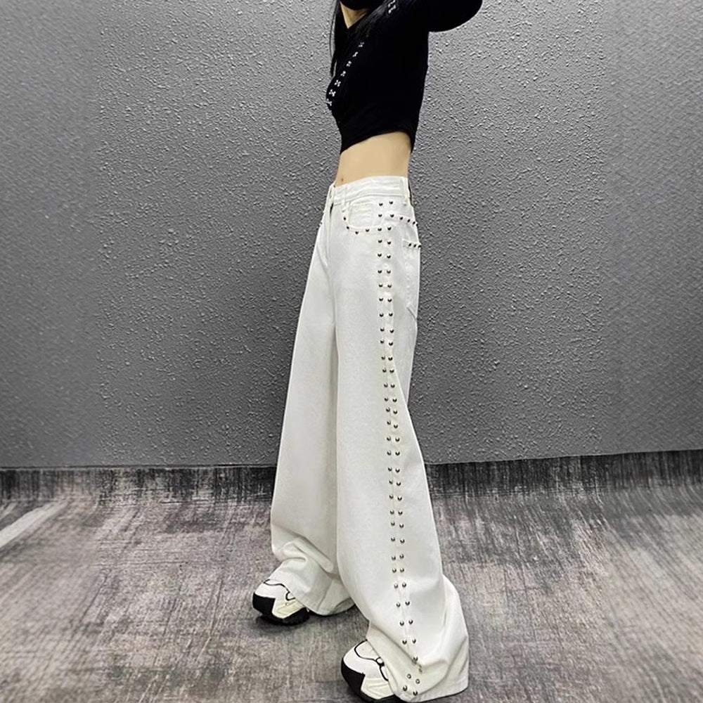 American-style Plus Size Handsome Beaded White Jeans