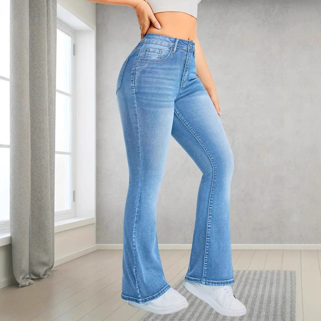 Pocket Design Loose Flared Pants Slim Fit Light Blue Trousers